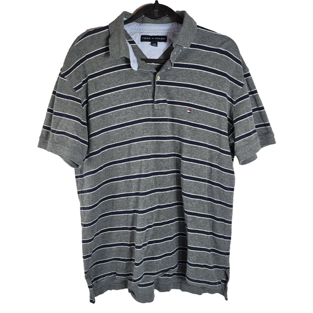 Vintage Tommy Hilfiger Blue Gray Striped Polo Shirt Logo Men Size Large